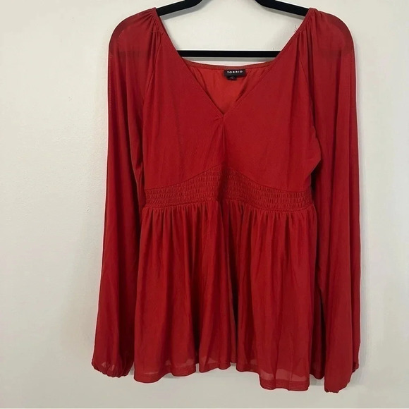 Torrid Stretch Mesh V-Neck Smocked Waist Babydoll Top Red Size 00, M, 10 GUC - Picture 2 of 9